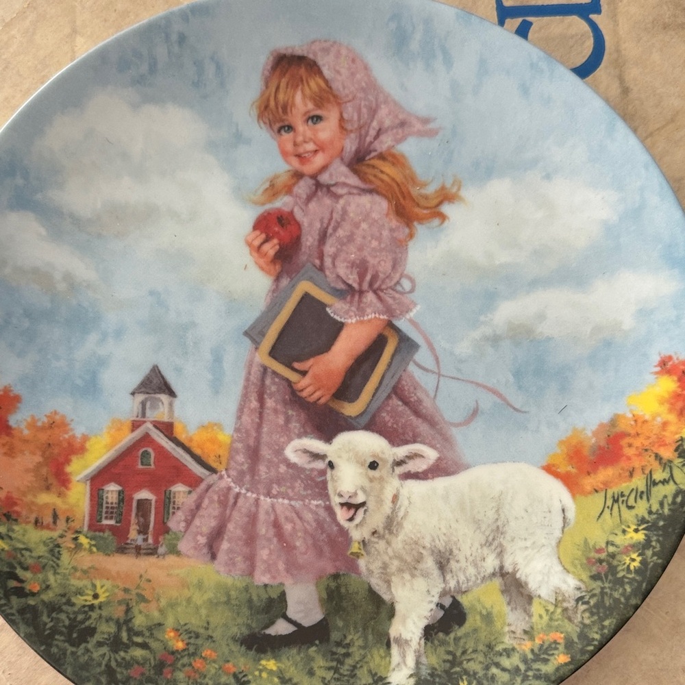 Vintage Decorative Plate with Girl and Lamb